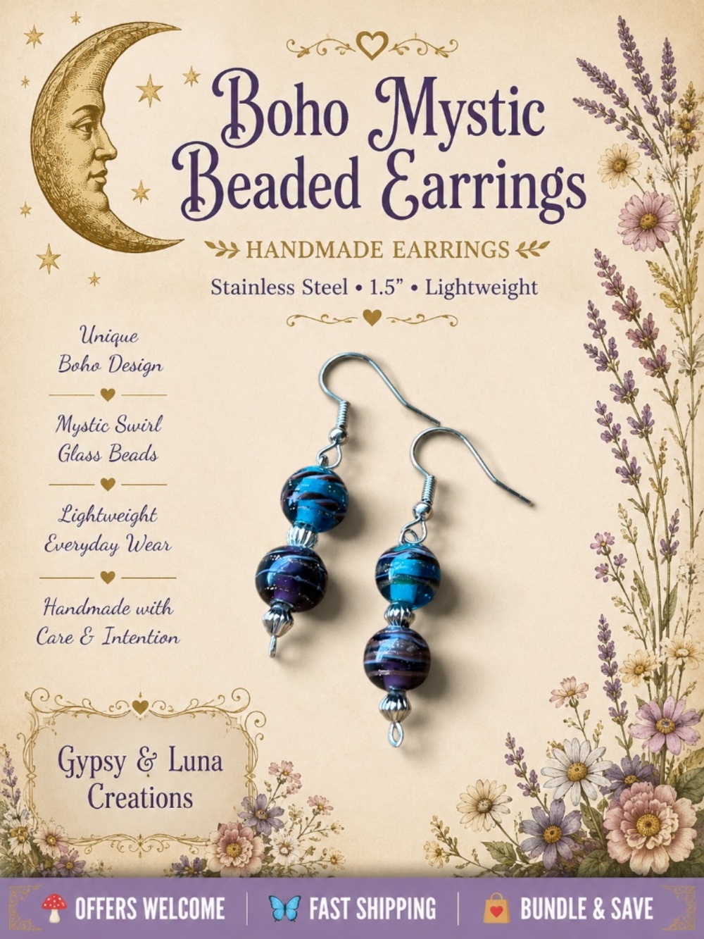 Handmade Boho Beaded Earrings Stainless Steel 1.5”